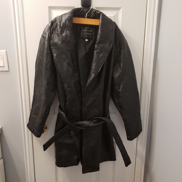 NAVARRE Italian Genuine Black Leather Belted Coat - Picture 1 of 8